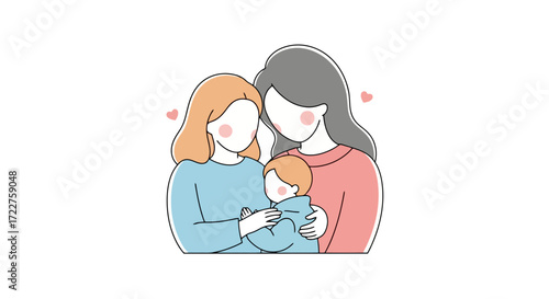 A heartwarming illustration depicting a same-sex female couple tenderly embracing their child, symbolizing love, family, and inclusivity in a modern context.