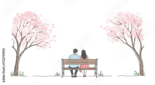 A romantic illustration of a couple sitting on a park bench beneath blossoming cherry trees on a bright spring day, perfect for greeting cards and invitations