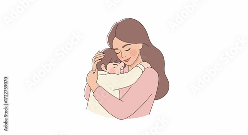 A heartwarming illustration of a mother embracing her child, capturing the essence of love, care, and family bonding for greeting cards, social media content, and educational materials