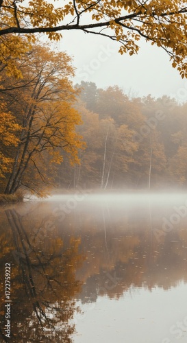 Peaceful autumn forest reflected in calm lake water with mist rising