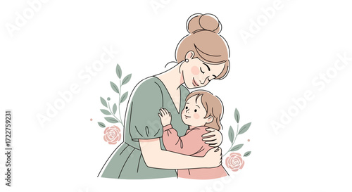 A tender portrayal of motherhood showcasing a loving embrace between a mother and child surrounded by gentle floral elements, perfect for family and parenting content.