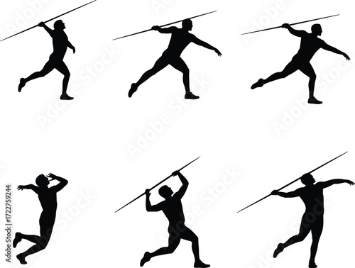 Silhouettes of javelin throwers in motion, athletic sport poses, vector illustration, track and field competition, throwing technique sequence