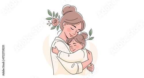 A heartwarming illustration of a mother embracing her child, conveying love, affection, and the beauty of family bonds for greeting cards and social media posts