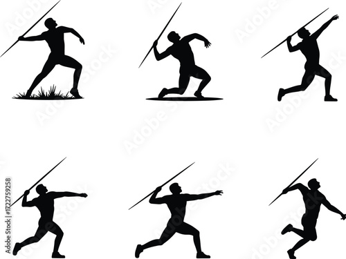 Silhouettes of javelin throwers in motion, athletic sport poses, vector illustration, track and field competition, throwing technique sequence