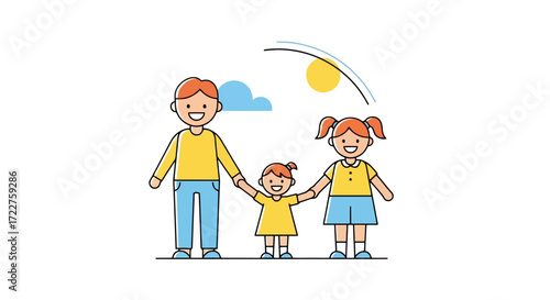 A cheerful cartoon illustration of a happy family, father, daughter, and son, holding hands under a bright sun and a playful cloud, representing love and togetherness
