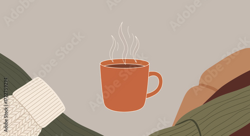 A cozy autumn scene featuring a steaming mug of coffee surrounded by warm sweaters, perfect for relaxation, seasonal promotions, and social media content