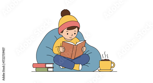 A cozy scene of a young person reading a book, wearing a hat, with a steaming mug of coffee, and sitting on a beanbag for relaxation