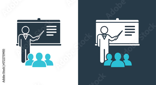 Teacher presenting to audience icon silhouette with glitch effect for education and training