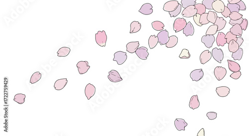 A Gentle cascade of pastel flower petals, perfect for spring themed designs, wedding invitations, cosmetic packaging, or delicate floral background elements