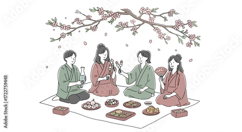 A serene hanami picnic under a blossoming cherry tree, depicting a traditional japanese spring gathering for social connection and cultural celebration