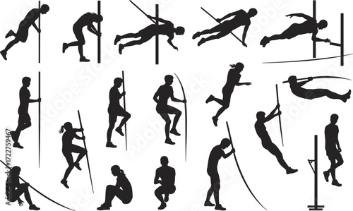Silhouettes of pole vaulters in action, athletic sport sequence, jumping over bar, track and field event, vaulting illustration