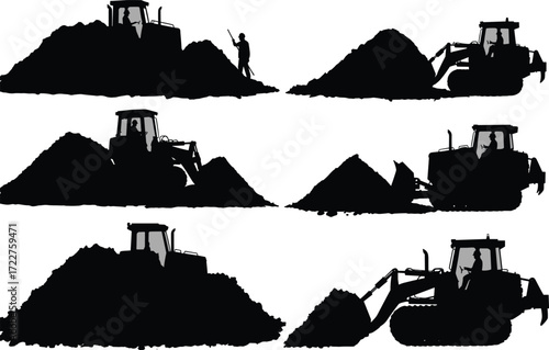 bulldozers loaders construction site silhouettes soil piles earthmoving machinery heavy equipment working dirt excavation land development building process industrial vehicles workers