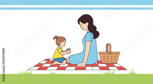 A vector illustration portraying a mother and daughter enjoying a peaceful picnic on a checkered blanket amidst a serene outdoor setting, perfect for family-themed design
