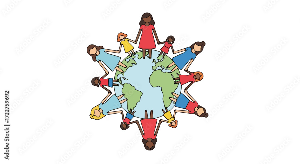 Fototapeta premium Diverse group of children holding hands around the world illustration representing unity, global community, and cultural harmony for educational and social awareness projects