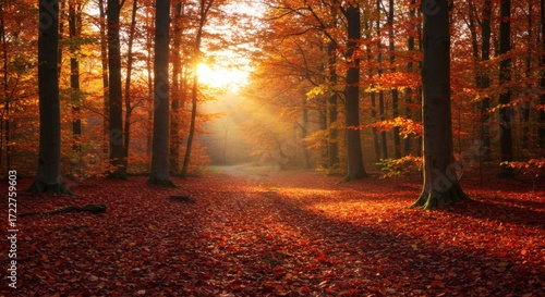 Autumnal Glow Sunlight Through Trees in a Vibrant Forest Scene