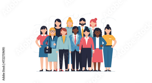 Diverse team of professionals in a flat vector illustration showcasing unity, collaboration, and a welcoming workplace culture designed for corporate communications