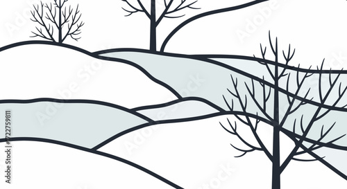 A serene winter landscape illustration featuring snow-covered hills, bare trees, and a minimalist color palette, perfect for seasonal design and holiday-themed projects