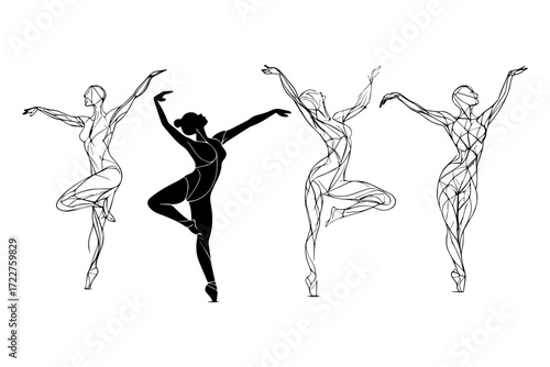 Silhouettes of lady with different yoga and dance pose line art vector illustration