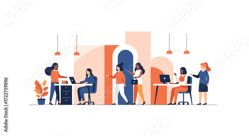 Vector Illustration Depicting a Diverse Group of Women Collaborating in a Modern Office Environment, Ideal for Promoting Gender Equality and Workplace Diversity