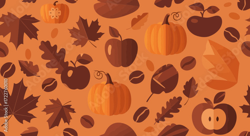 A delightful autumnal harvest pattern featuring pumpkins, apples, maple leaves, and coffee beans in warm brown tones, perfect for seasonal designs and cozy backgrounds.