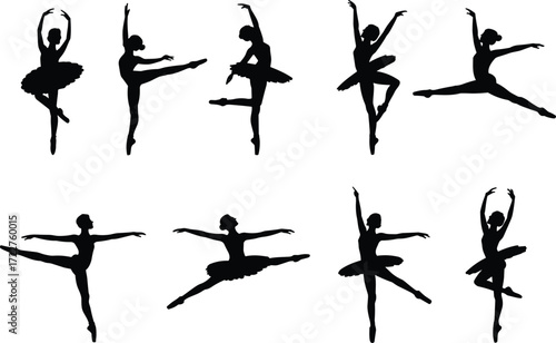 The image displays ten black silhouettes of ballerinas against a plain white background. Each silhouette captures a different classical ballet pose