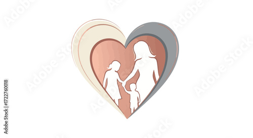 A heartwarming silhouette design featuring a mother holding hands with her daughter and son, nested in a layered heart shape for family-related illustrations and design projects