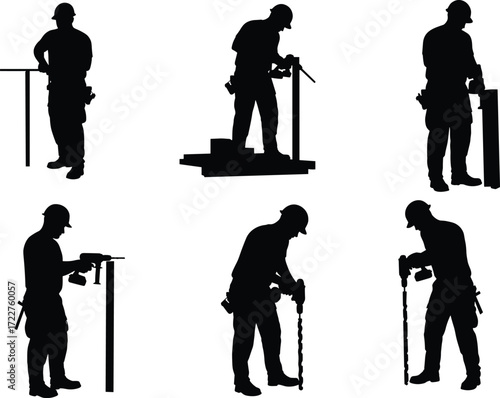 construction workers silhouettes with power drills electric tools drilling metal beams and posts professional building site laborers heavy equipment operation repair maintenance scene