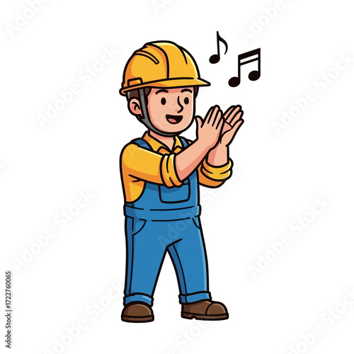 the singing construction worker a joyful cartoon, isolated on transparent background