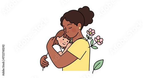 A loving embrace: A mother and daughter share a tender moment surrounded by delicate floral accents, symbolizing family bond and affection for heartfelt illustrations