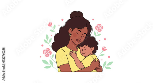 A heartwarming illustration depicting a mother lovingly embracing her child, surrounded by delicate rose blossoms, perfect for mother's day cards and parenting blogs