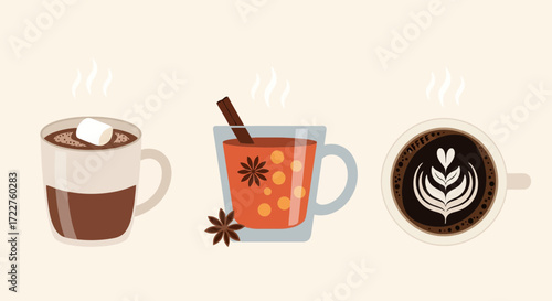 A delightful assortment of warm beverage illustrations featuring hot chocolate, spiced cider, and latte art for seasonal menus and cozy cafe designs