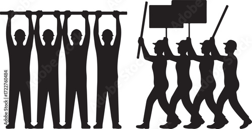 Silhouettes of people marching and holding banners in solidarity and unity
