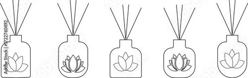 Reed Diffuser Icon Set, Fragrance Bottle, Aroma Sticks, Home Scent, Relaxation, Wellness, Spa, Air Freshener, and Aromatherapy Symbols in Modern Vector Style, Open Outline Naturopathy Icons design
