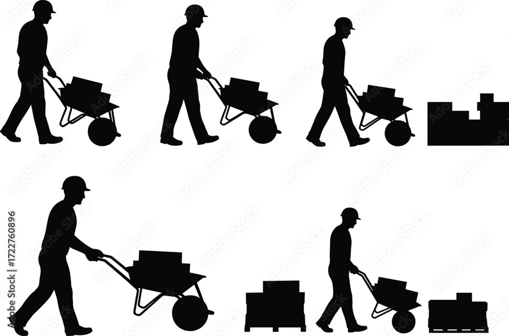 Obraz premium construction worker silhouettes pushing wheelbarrow loaded with bricks manual labor heavy worksite building materials transport construction site hard work carrying load worker tool equipment
