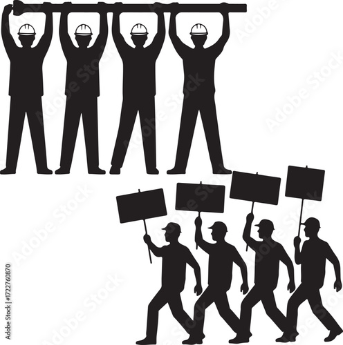 Silhouettes of workers holding a bar overhead and others protesting with signs and banners