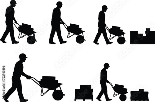 construction worker silhouettes pushing wheelbarrow loaded with bricks manual labor heavy worksite building materials transport construction site hard work carrying load worker tool equipment