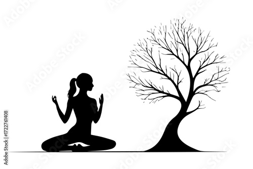A girl doing yoga with  a small plant , vector illustration,  isolated on white background
