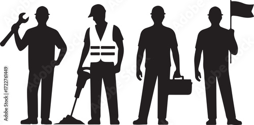 Diverse construction workers silhouettes with tools and equipment for projects and labor
