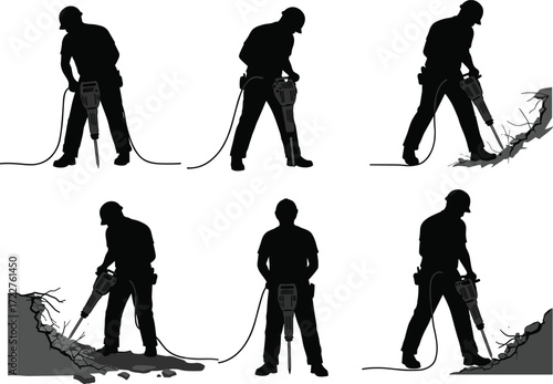 construction workers using jackhammer silhouette drilling concrete breaking pavement roadwork heavy tool demolition site labor power equipment pneumatic drill industry machine