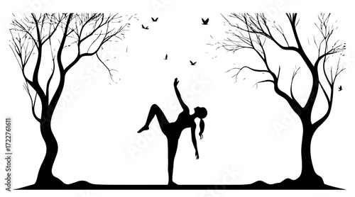 yoga with trees black vector illustration 
