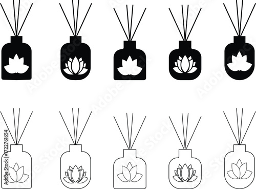 Reed Diffuser Icon Set, Fragrance Bottle, Aroma Sticks, Home Scent, Relaxation, Wellness, Spa, Air Freshener, and Aromatherapy Symbols in Modern Vector Style, Open Outline Naturopathy Icons design