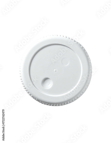 White plastic lid, round, textured edge, two small holes