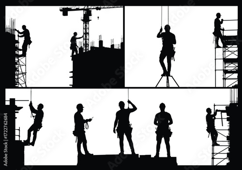 construction workers on scaffolding high rise building silhouette safety harness crane site teamwork laborer industry rope climbing structure architecture development engineering repair