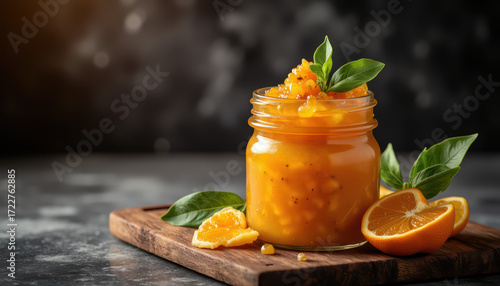 Orange marmalade jar on wooden board, orange-toned moody light -