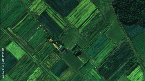 Aerial View of Vast Farmland Divided into Green Crop Plots, Symbolizing Sustainable Agriculture and Land Management