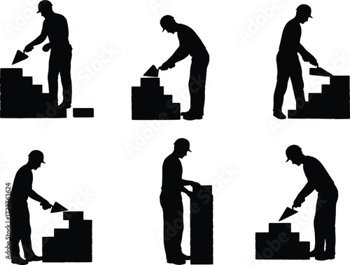 construction workers laying bricks masonry silhouette with trowel bricklayer building wall structure builder laborer cement mortar construction site architecture workforce industry repair
