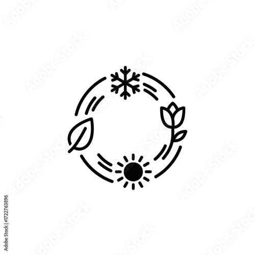 Circular icon depicting the four seasons: winter represented by a snowflake, spring by a flower, summer by a sun, and autumn by a leaf.