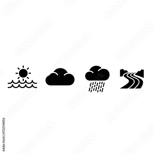 Simple weather icons: sun, cloud, rain, river landscape.