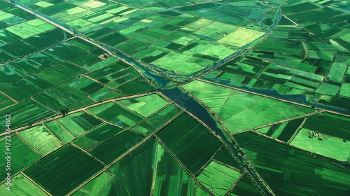 Aerial View of Vast Farmland Divided into Green Crop Plots, Symbolizing Sustainable Agriculture and Land Management