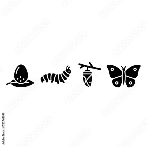 Black glyph icons showing the butterfly life cycle: egg, caterpillar, chrysalis, and adult.